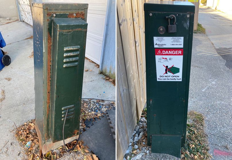Two side-by-side photos: on the left, an elongated rusty metal box, forest-green-coloured, with a small wire sticking out a vent in the bottom. On the right is a waist-high, forest-green-coloured metal box. This box has a lock on top, flanked on either side by two bolts. Below is a Manitoba Hydro sticker and a DANGER sticker below that.