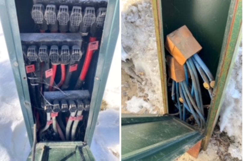 Two side-by-side photos: on the right, the inside of a waist-high green metal box, and on the left, the inside of another similar box. The inside of the right box shows thick red, black, and white wires, bigger around than a dry-erase marker. The inside of the left box has similarly sized blue wires terminating in an orange box.